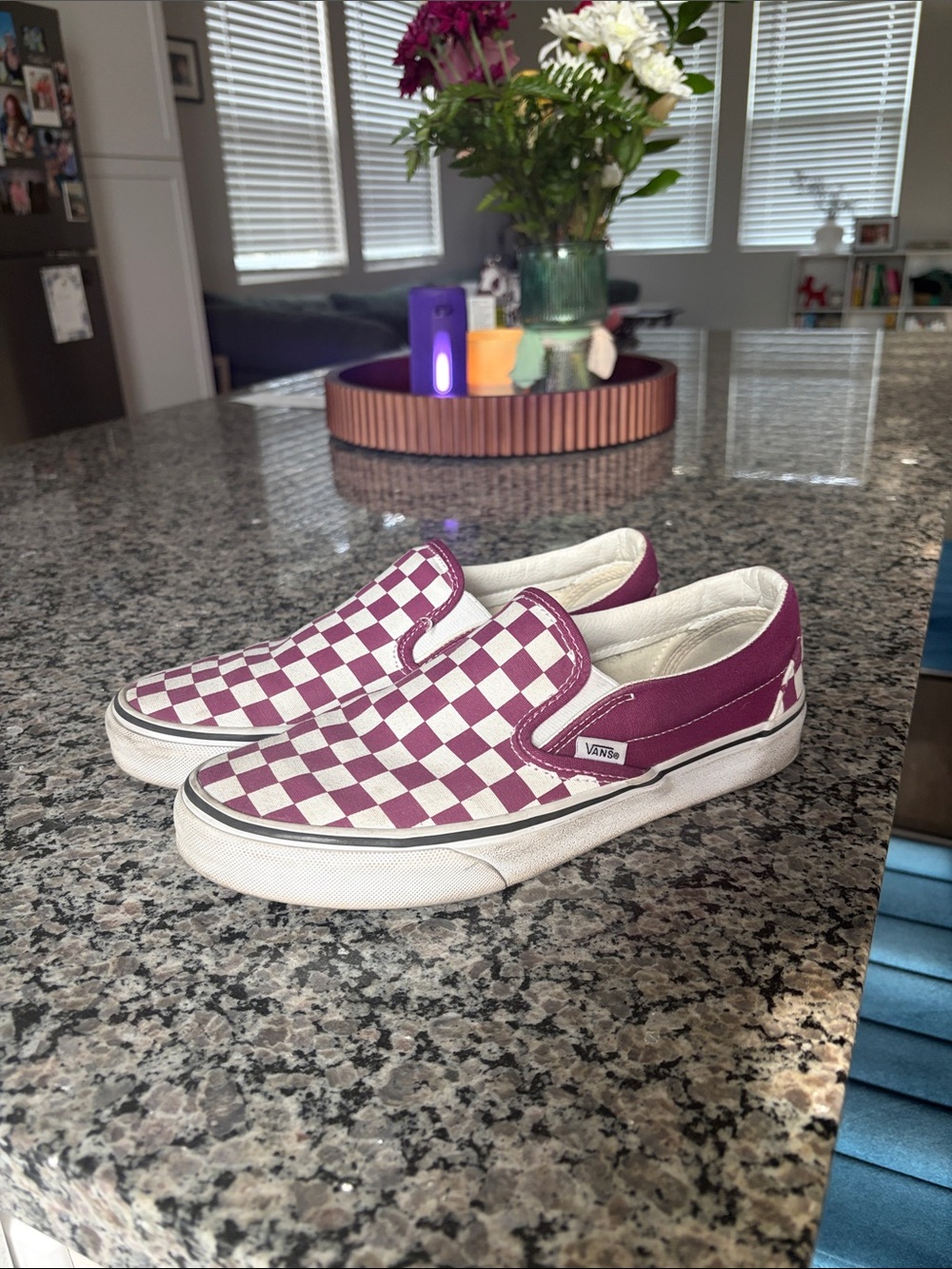 Vans Slip-On Checkerboard Sneakers — Purple & White